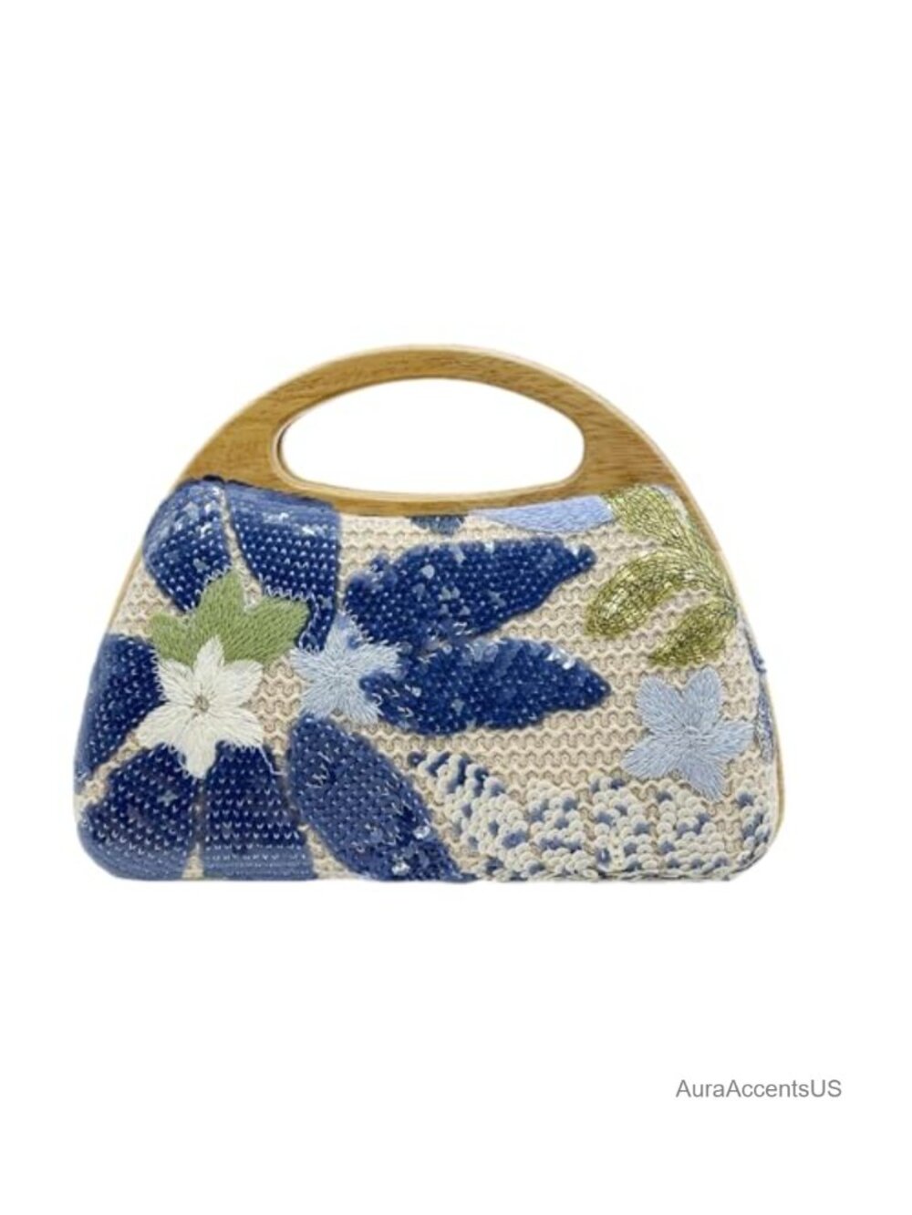 Wooden Evening Bag Sequin Floral Clutch with Gold Chain